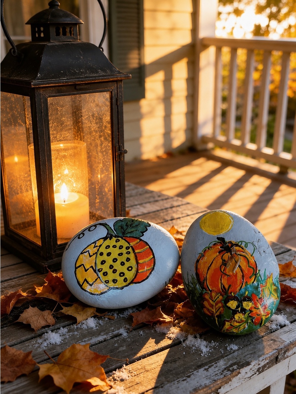 Hand crafted painted pumpkin rocks Fall theme harvest moon leaves set of two